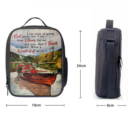 What A Wonderful World Boat Red Rose Lake Lunchbag Lunch Bag, Christian Lunchbag, Bible Verse Lunch Bag