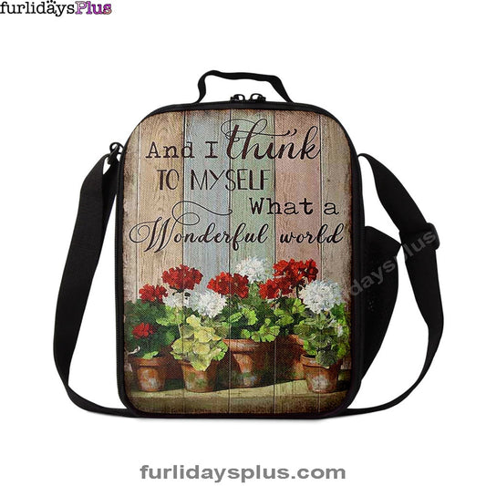 What A Wonderful World Red And White Flower Lunch Bag, Christian Art, Bible Verse Lunch Bag