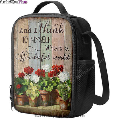 What A Wonderful World Red And White Flower Lunch Bag, Christian Art, Bible Verse Lunch Bag