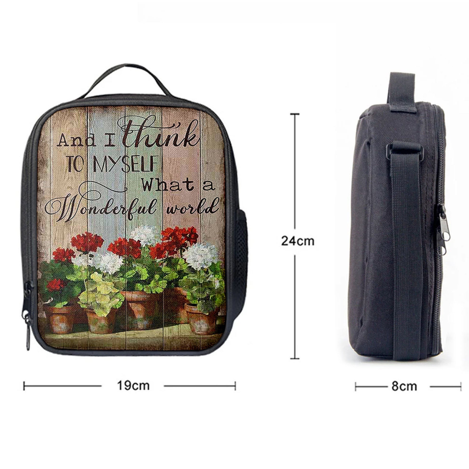 What A Wonderful World Red And White Flower Lunch Bag, Christian Art, Bible Verse Lunch Bag