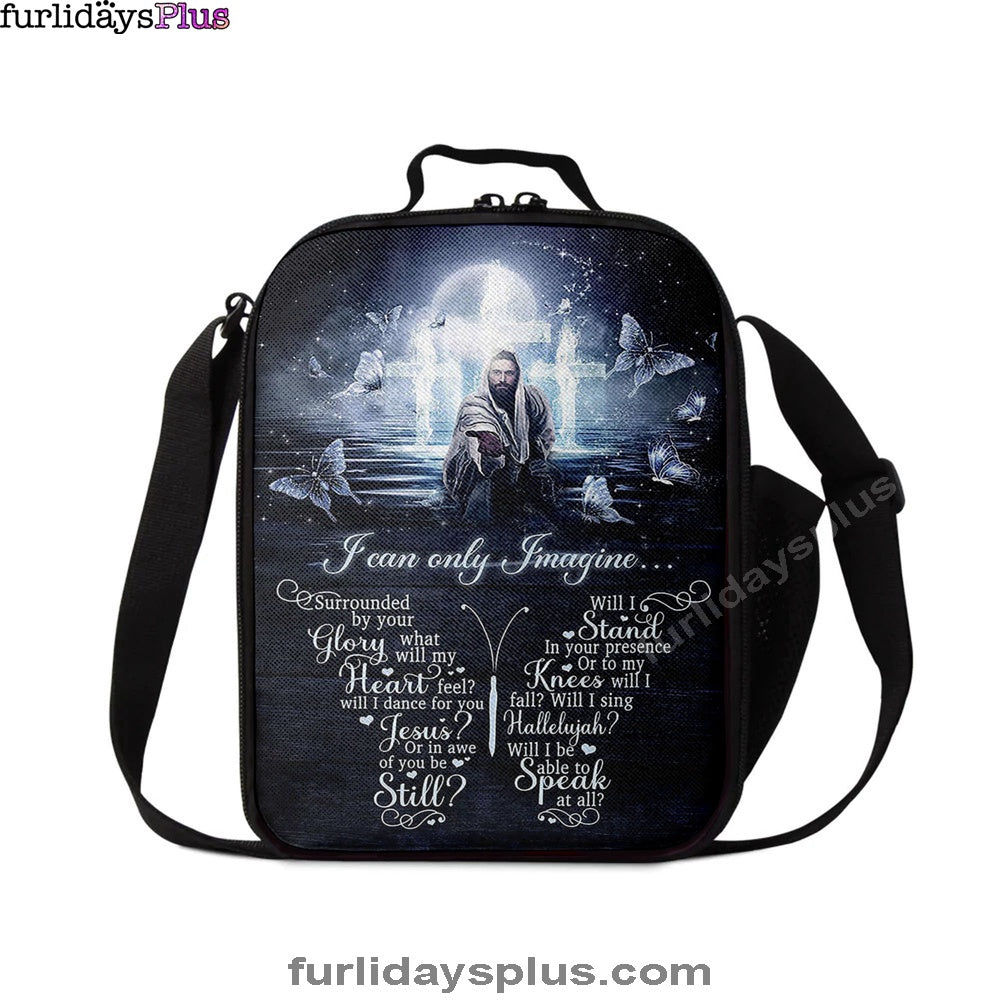 White Butterflies Light Cross- I Can Only Imagine Lunch Bag, Christian Art, Bible Verse Lunch Bag