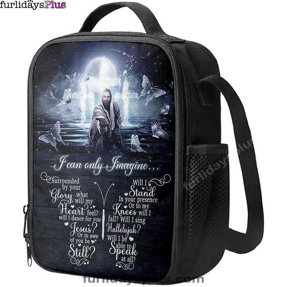 White Butterflies Light Cross- I Can Only Imagine Lunch Bag, Christian Art, Bible Verse Lunch Bag