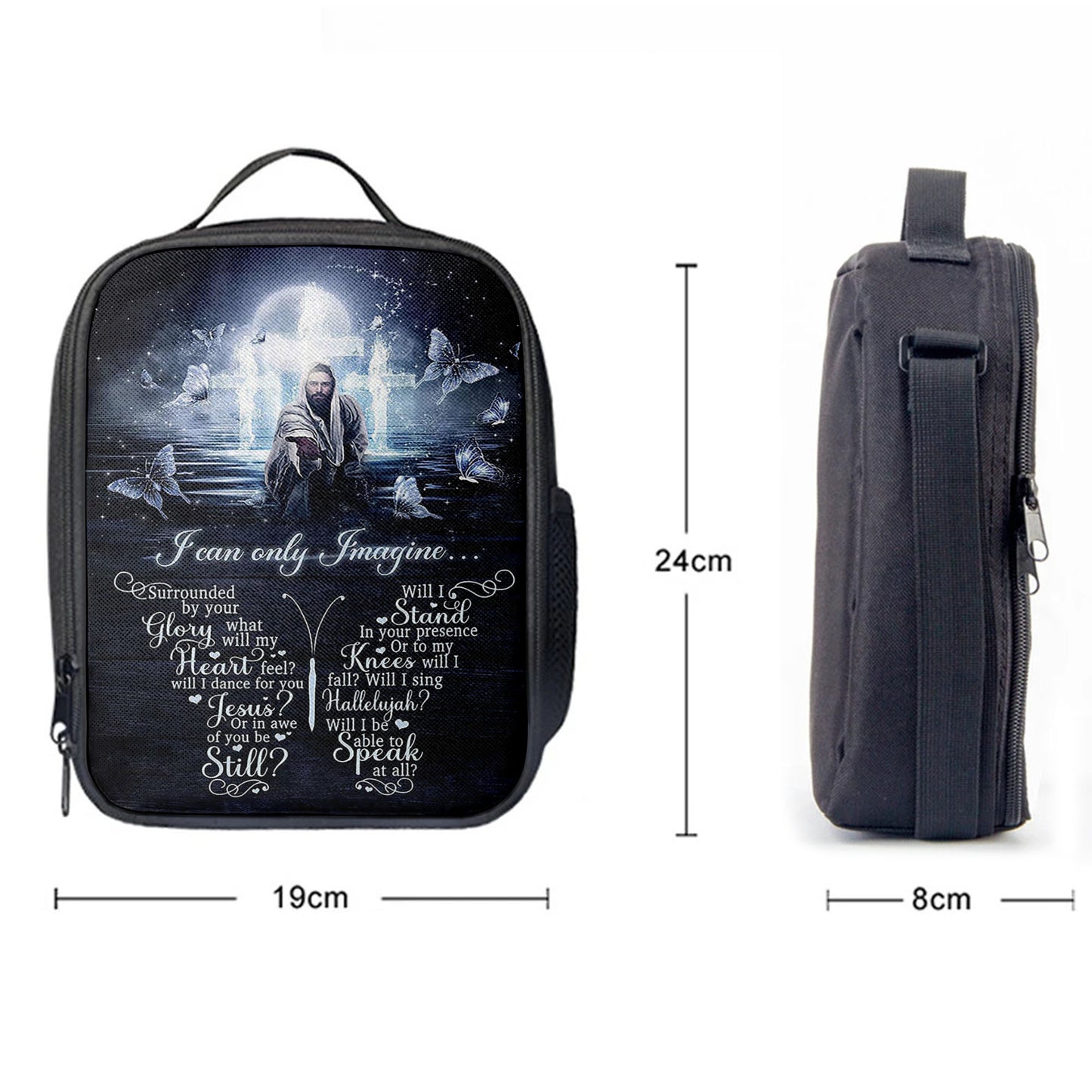 White Butterflies Light Cross- I Can Only Imagine Lunch Bag, Christian Art, Bible Verse Lunch Bag