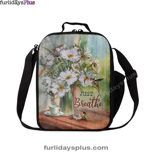 White Flower Hummingbird, Just Breathe Lunch Bag, Christian Art, Bible Verse Lunch Bag