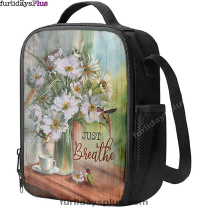 White Flower Hummingbird, Just Breathe Lunch Bag, Christian Art, Bible Verse Lunch Bag