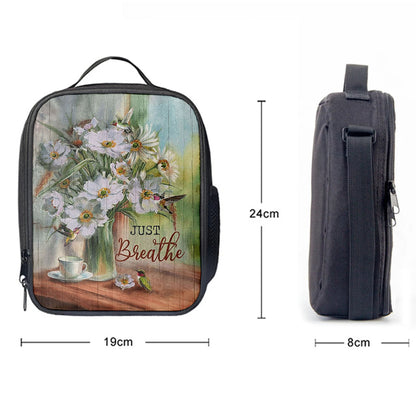 White Flower Hummingbird, Just Breathe Lunch Bag, Christian Art, Bible Verse Lunch Bag