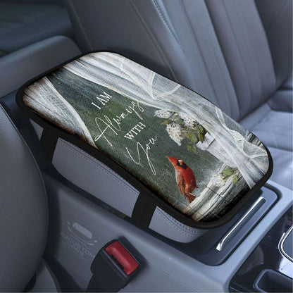 White Hydrangea Cardinal I Am Always With You Spring Car Center Console Cover, Bible Verse Car Armrest Cover