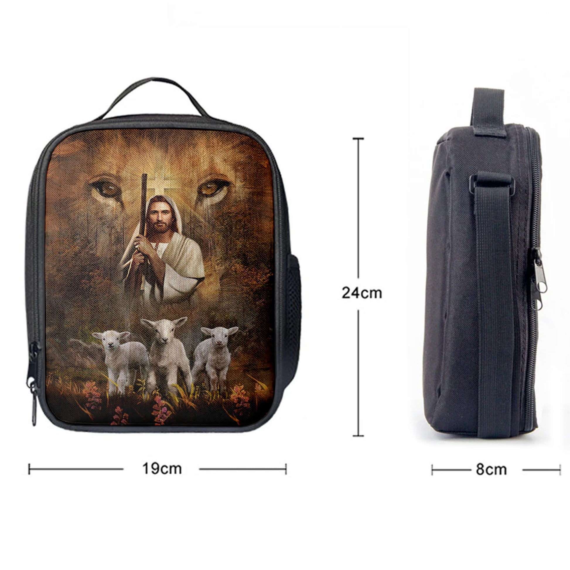 White Lamb Lion's Eyes Walking With Jesus Lunchbag Lunch Bag, Christian Lunchbag, Bible Verse Lunch Bag