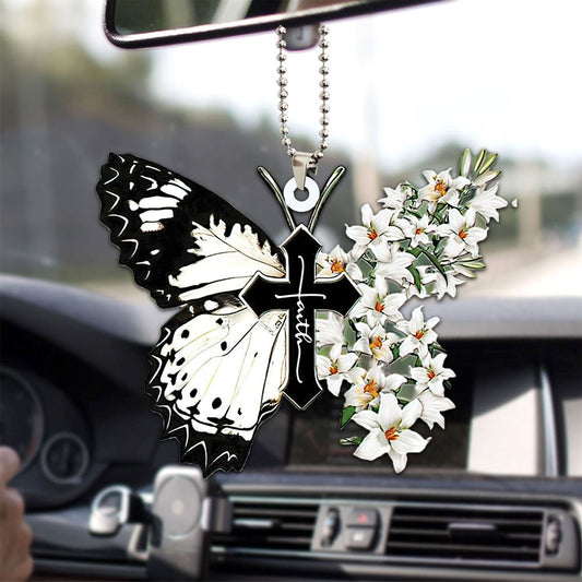 White Lily Butterfly Faith Jesus Cross Christian God Car Christmas Ornament, Christmas Ornaments 2023