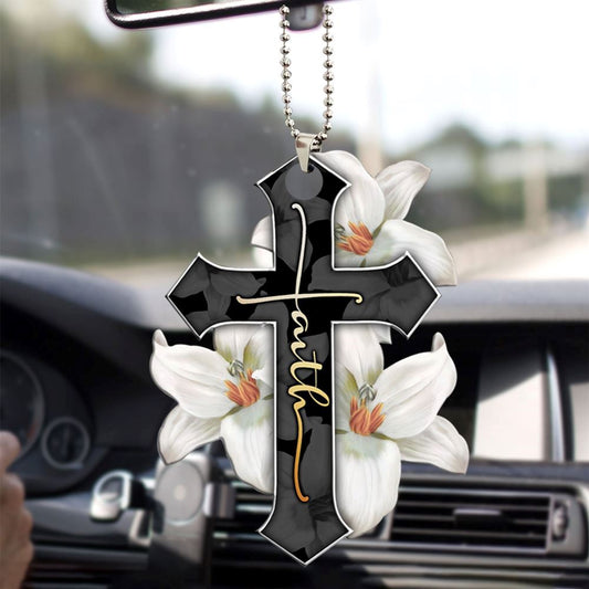 White Lily Faith Jesus Cross God Christian Car Christmas Ornament, Christmas Ornaments 2023