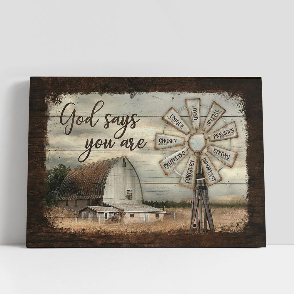 Windmill Rustic Barn God Says You Are Canvas Art, Bible Verse Wall Art, Wall Decor Christian Gifts