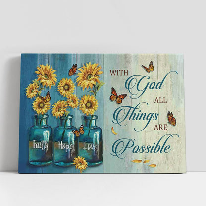 With God All Things Are Possible Canvas Wall Art, Faith Hope Love, Bible Verse Wall Art, Christian Gifts Home Decor