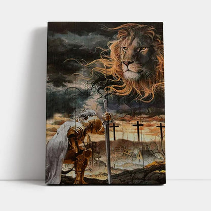 Women Warrior Kneel Before Lion Of Judah Canvas Wall Art - Christian Home Decor - Religious Art