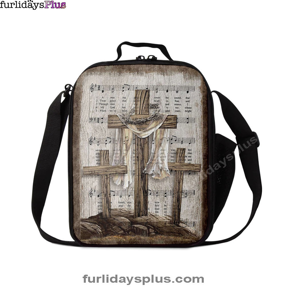 Wooden Cross Amazing Grace Lyrics Lunch Bag, Christian Art, Bible Verse Lunch Bag