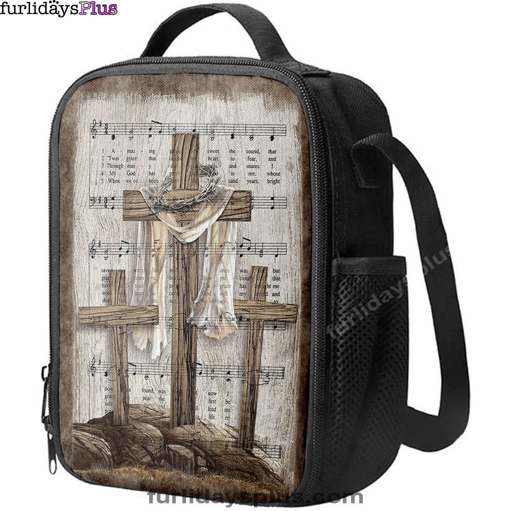 Wooden Cross Amazing Grace Lyrics Lunch Bag, Christian Art, Bible Verse Lunch Bag