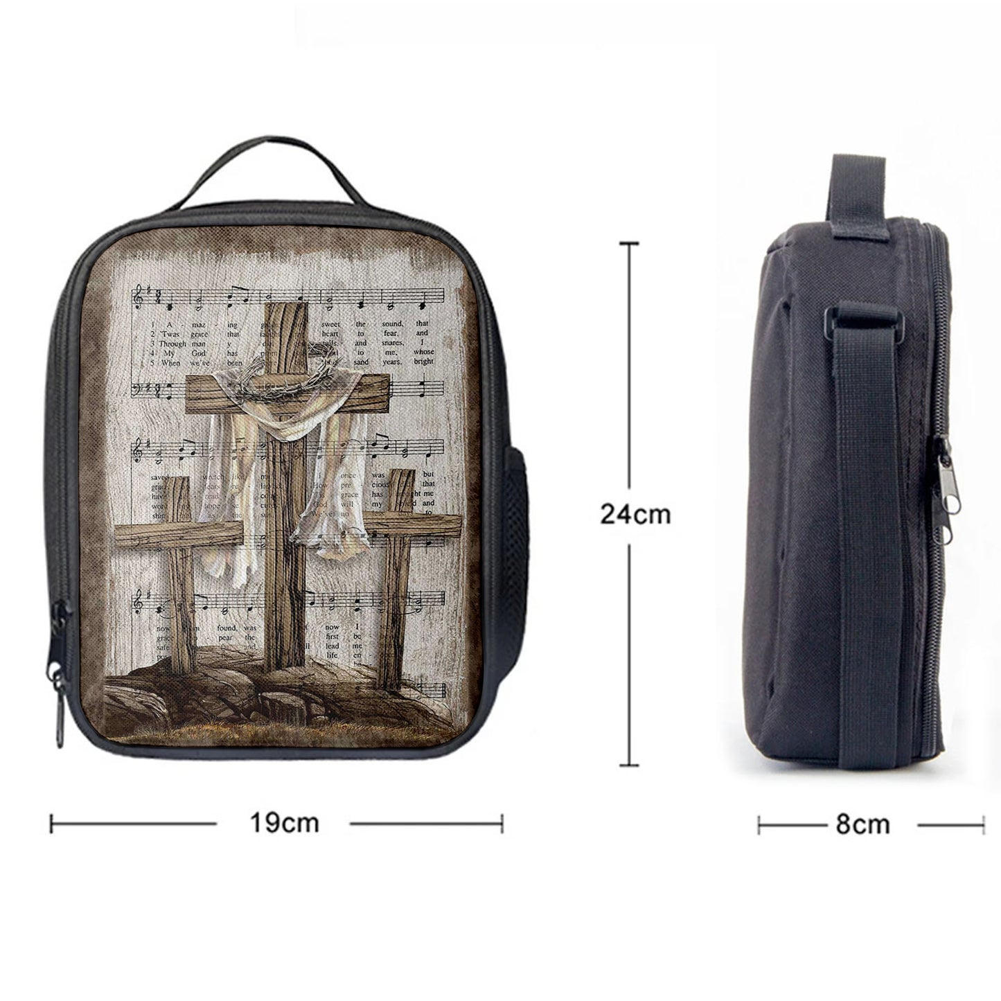 Wooden Cross Amazing Grace Lyrics Lunch Bag, Christian Art, Bible Verse Lunch Bag