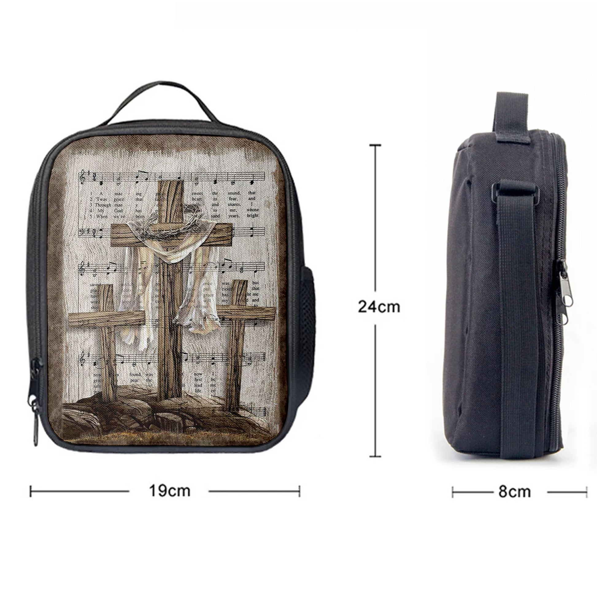 Wooden Cross Amazing Grace Lyrics Lunch Bag, Christian Art, Bible Verse Lunch Bag