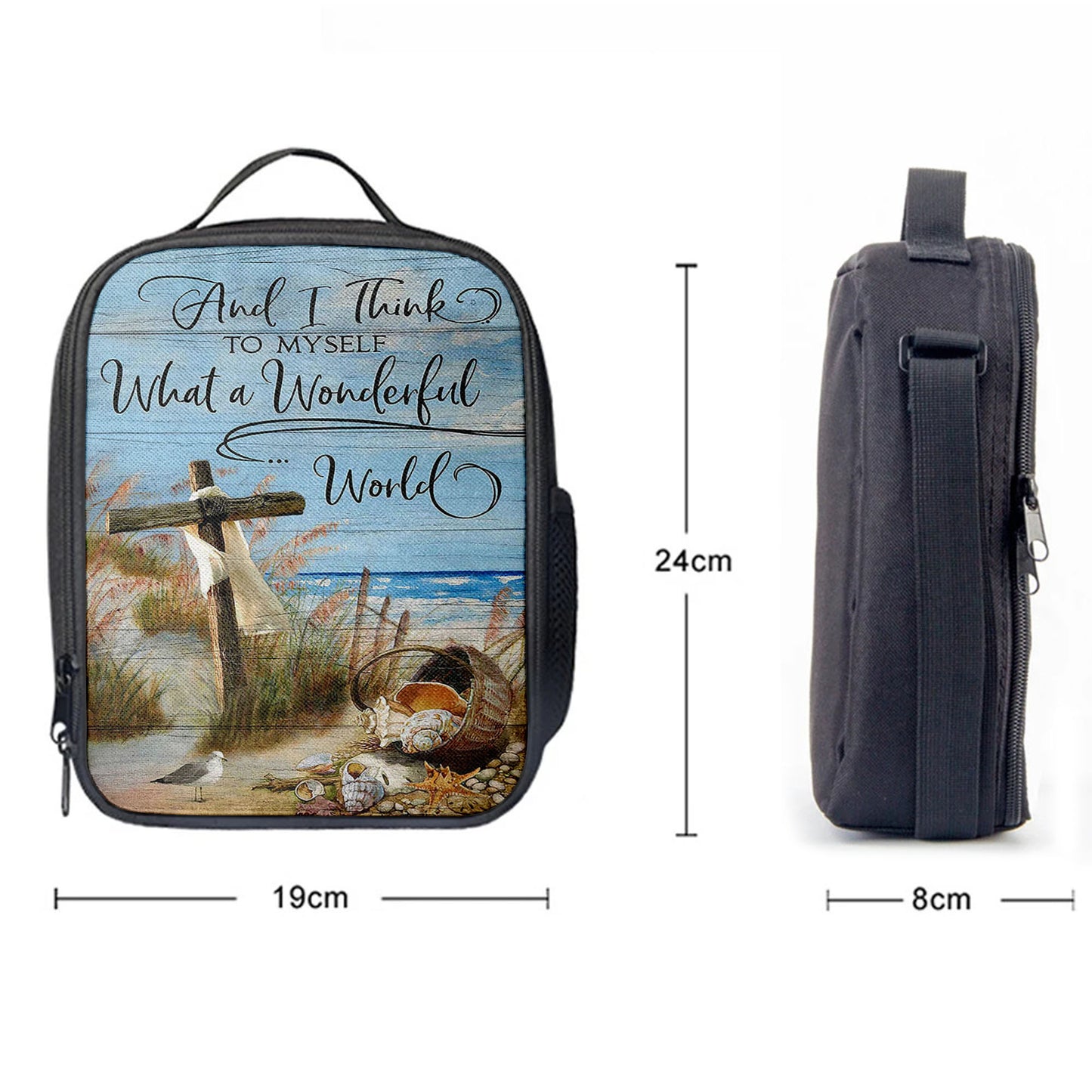 Wooden Cross And I Think To Myself What A Wonderful World Lunch Bag, Christian Art, Bible Verse Lunch Bag