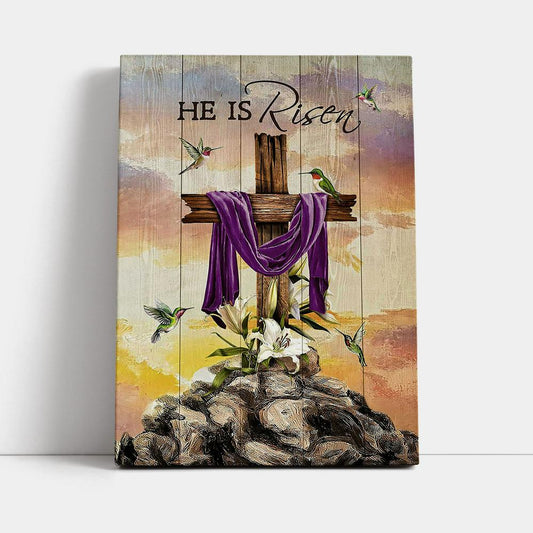 Wooden Cross Lily Flower Hummingbird He Is Risen Canvas Art - Christian Art - Bible Verse Wall Art - Religious Home Decor