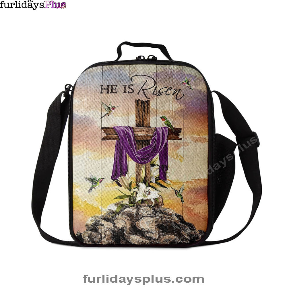 Wooden Cross Lily Flower Hummingbird He Is Risen Lunch Bag, Christian Art, Bible Verse Lunch Bag