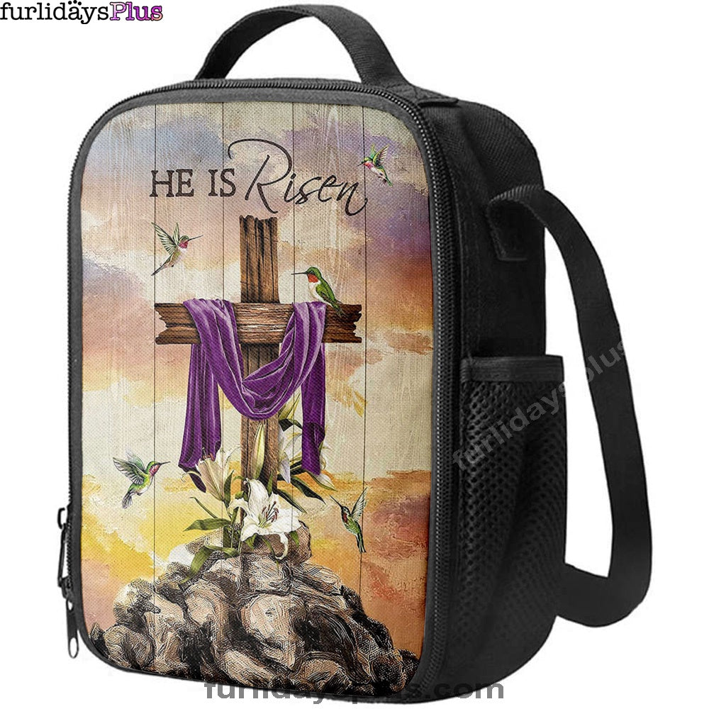 Wooden Cross Lily Flower Hummingbird He Is Risen Lunch Bag, Christian Art, Bible Verse Lunch Bag