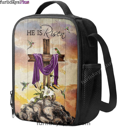 Wooden Cross Lily Flower Hummingbird He Is Risen Lunch Bag, Christian Art, Bible Verse Lunch Bag