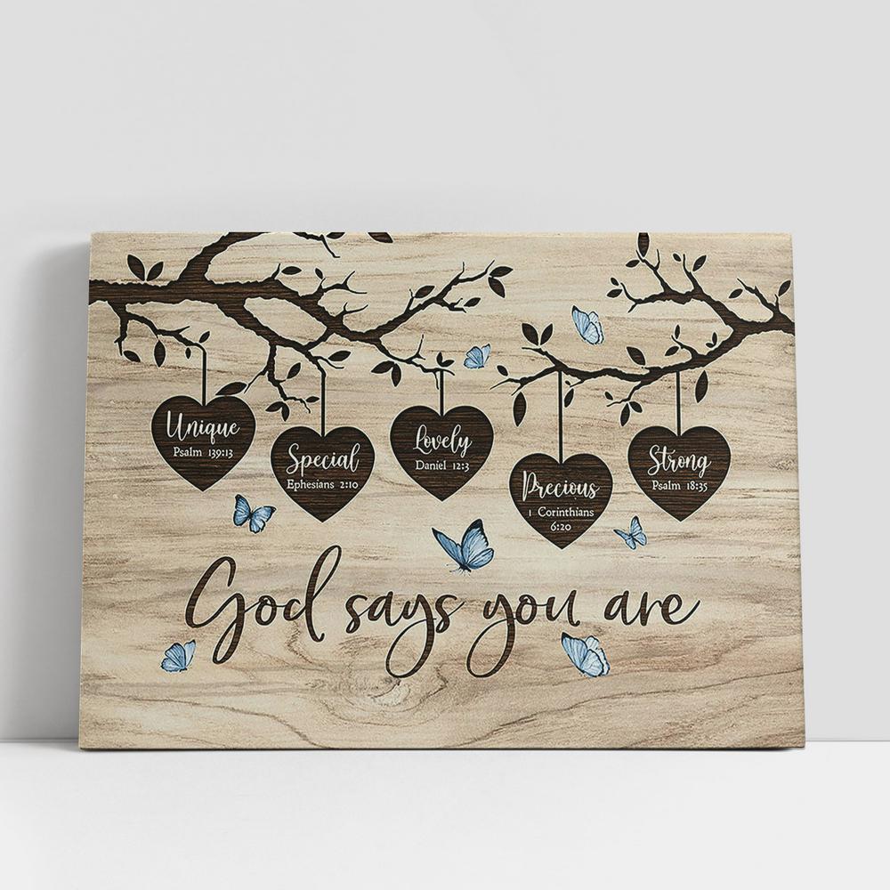 Wooden Heart Oldest Tree Blue Butterfly God Says You Are Unique Canvas Art, Bible Verse Wall Art, Wall Decor Christian Gifts