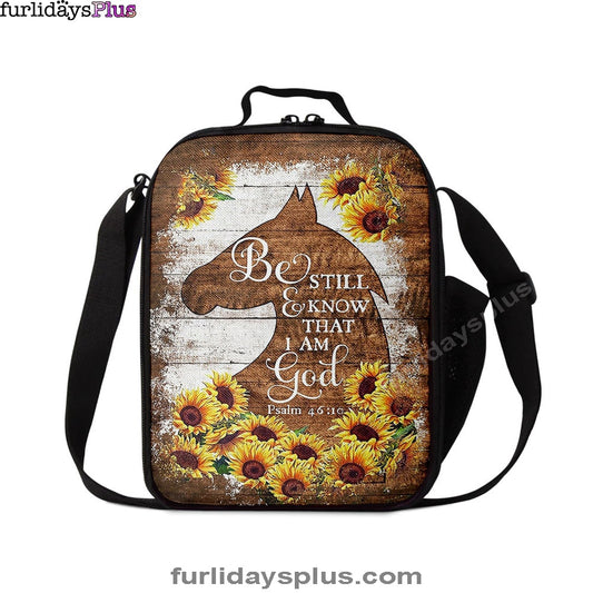Wooden Horse Sunflower Be Still And Know That I Am God Lunch Bag, Christian Art, Bible Verse Lunch Bag