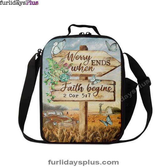 Worry Ends When Faith Begins Old Car Butterfly Countryside Lunchbag, Christian Lunchbag, Bible Verse Lunch Bag