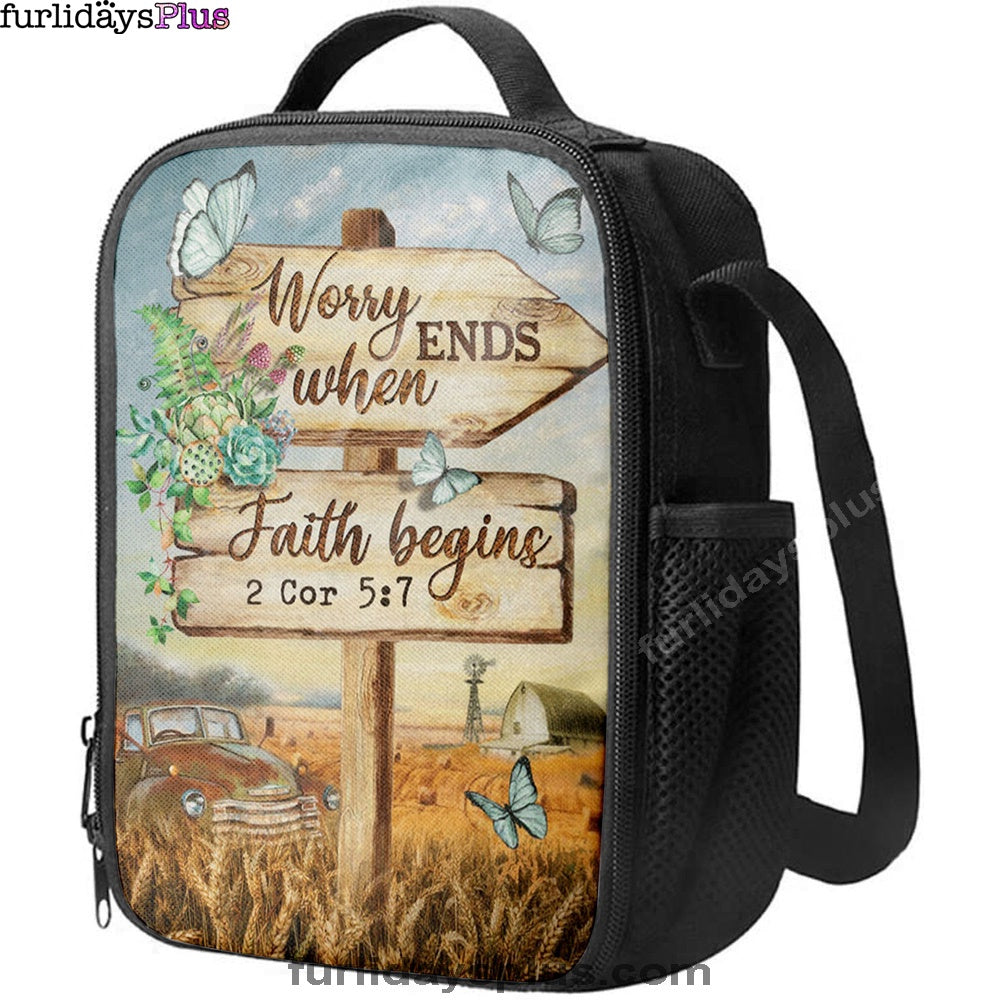 Worry Ends When Faith Begins Old Car Butterfly Countryside Lunchbag, Christian Lunchbag, Bible Verse Lunch Bag