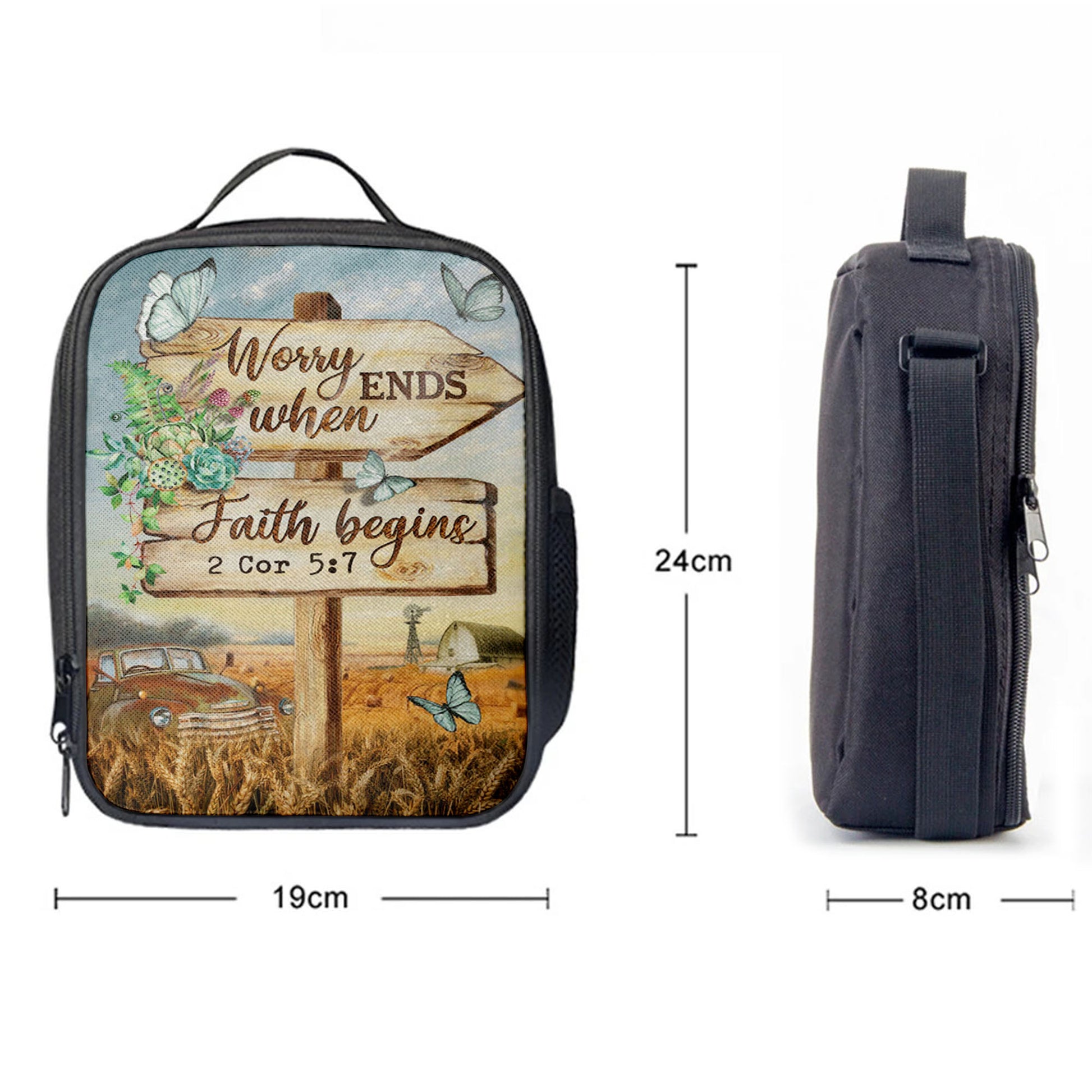 Worry Ends When Faith Begins Old Car Butterfly Countryside Lunchbag, Christian Lunchbag, Bible Verse Lunch Bag