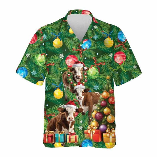 Wreath Shorthorn Cow Christmas Hawaiian Shirts, Xmas Hawaiian Shirts