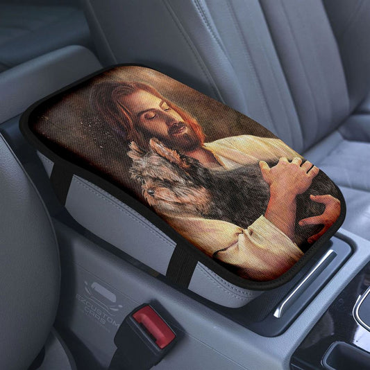 Yorkshire Terrier Dog In His Arms Jesus Car Center Console Cover, Christian Armrest Pad Cover, Gift For Dog Lover