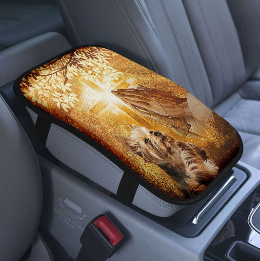 Yorkshire Terrier Dog Jesus Praying Hand Light Cross Car Center Console Cover, Christian Armrest Pad Cover, Gift For Dog Lover