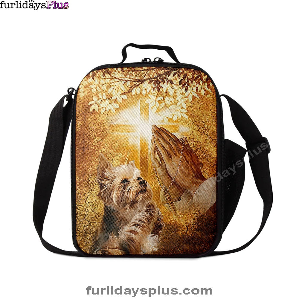 Yorkshire Terrier Dog Jesus Praying Hand Light Cross Lunchbag Lunchbag, Christian Lunch Bag, Gift For Dog Lover