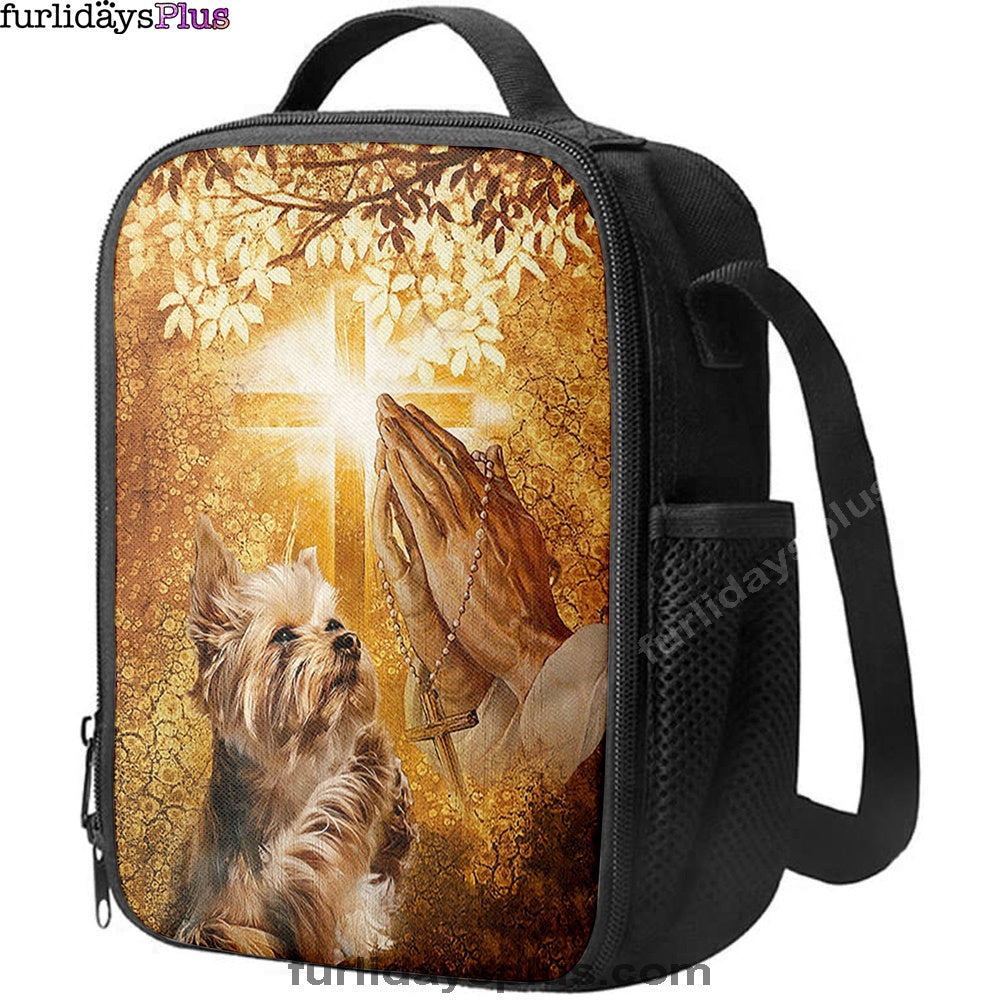 Yorkshire Terrier Dog Jesus Praying Hand Light Cross Lunchbag Lunchbag, Christian Lunch Bag, Gift For Dog Lover
