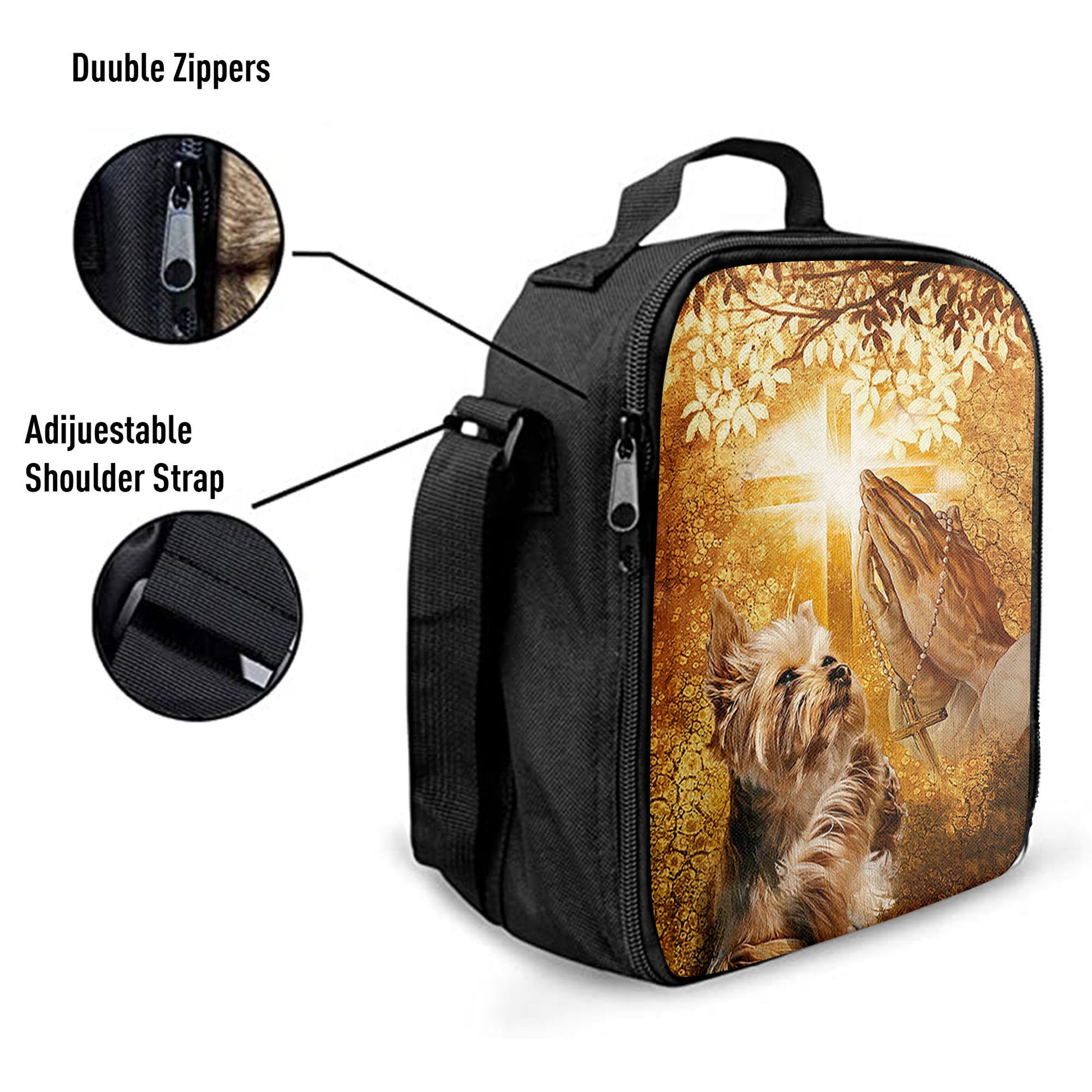 Yorkshire Terrier Dog Jesus Praying Hand Light Cross Lunchbag Lunchbag, Christian Lunch Bag, Gift For Dog Lover