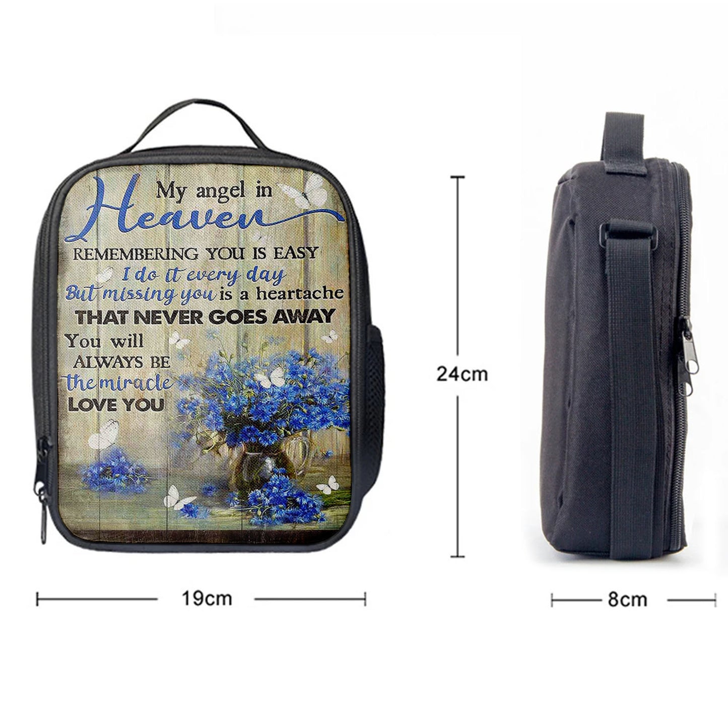 You Will Always Be The Miracle Lunchbag, Blue Flower Glass Vase Butterfly Lunch Bag, Christian Art, Bible Verse Lunch Bag