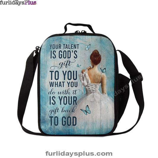 Your Talent Is God's Gift Ballet White Dress Blue Butterfly Lunchbag Lunch Bag, Christian Lunchbag, Bible Verse Lunch Bag