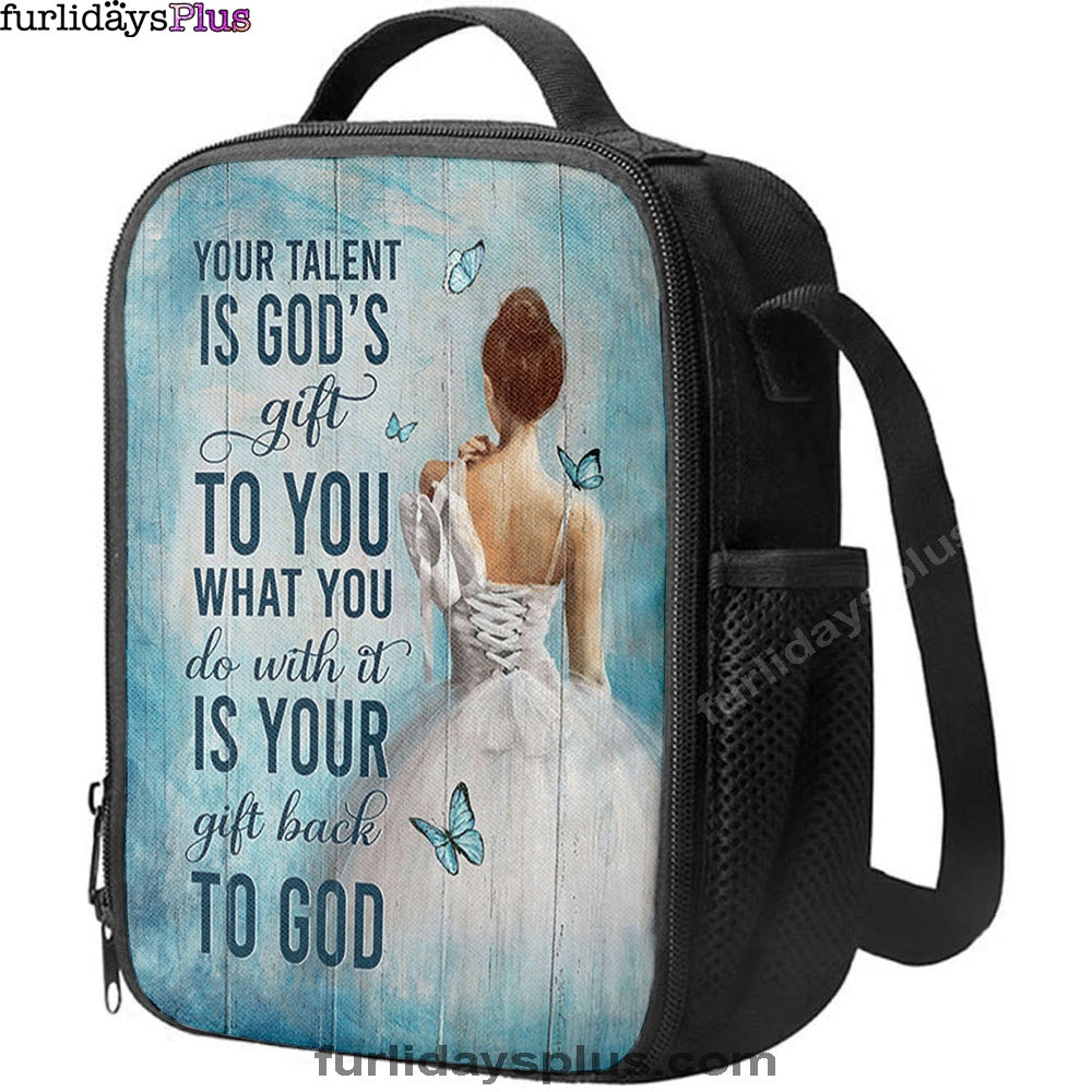 Your Talent Is God's Gift Ballet White Dress Blue Butterfly Lunchbag Lunch Bag, Christian Lunchbag, Bible Verse Lunch Bag