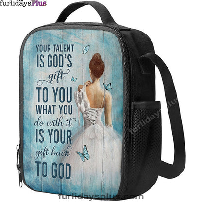 Your Talent Is God's Gift Ballet White Dress Blue Butterfly Lunchbag Lunch Bag, Christian Lunchbag, Bible Verse Lunch Bag