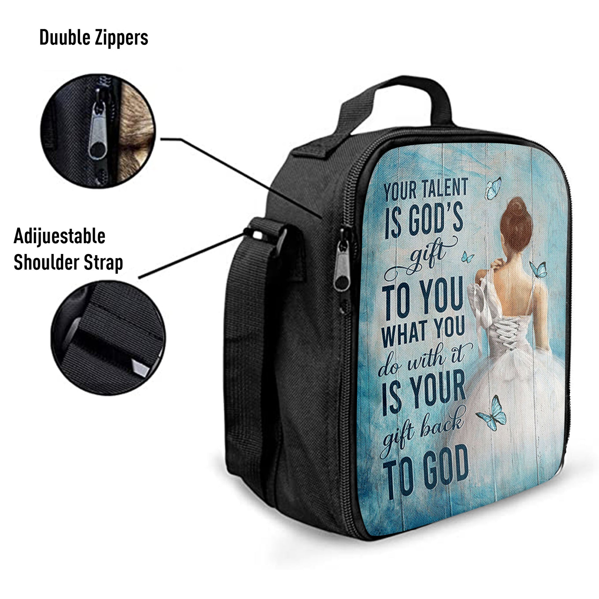 Your Talent Is God's Gift Ballet White Dress Blue Butterfly Lunchbag Lunch Bag, Christian Lunchbag, Bible Verse Lunch Bag