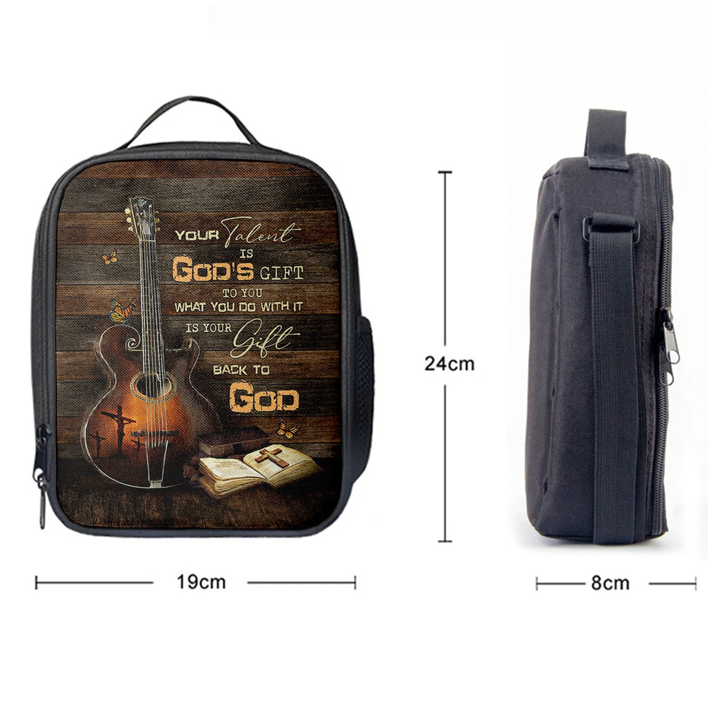 Your Talent Is God's Gift To You Guitar Bible Butterfly Lunchbag Lunch Bag, Christian Lunchbag, Bible Verse Lunch Bag