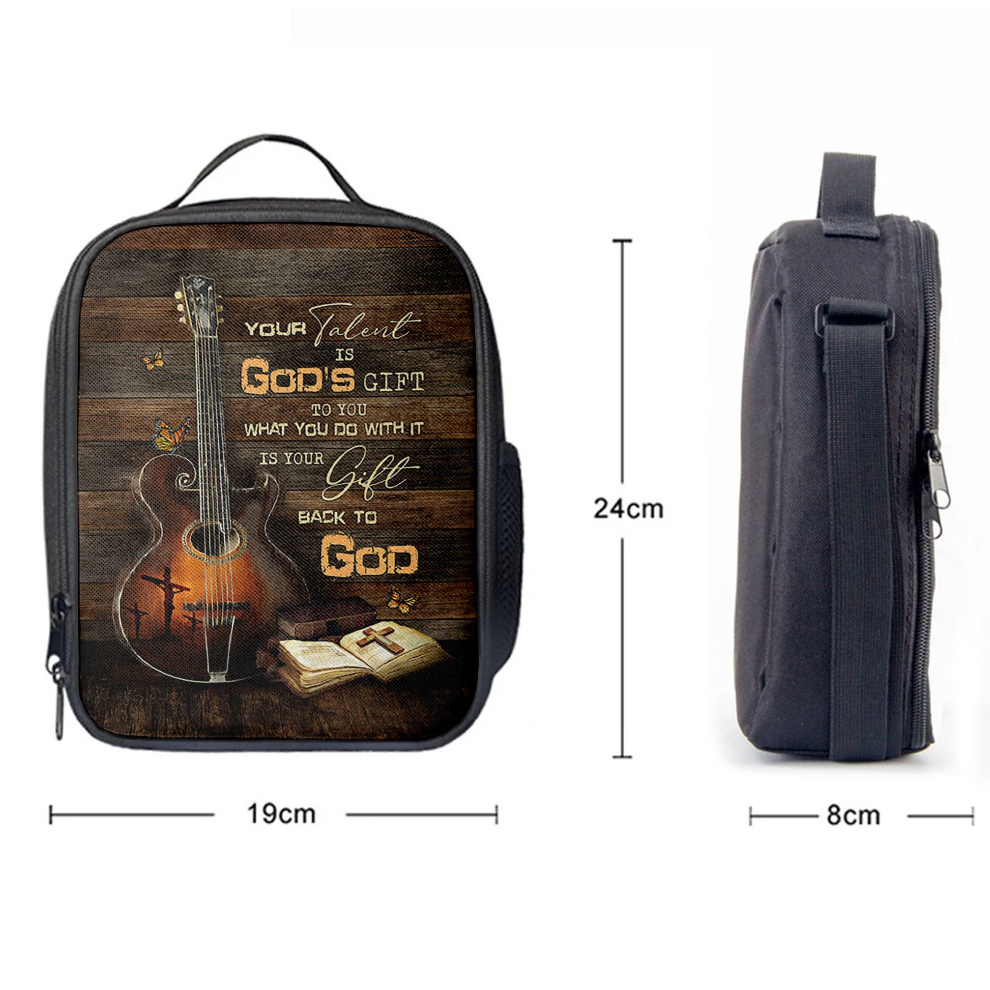 Your Talent Is God's Gift To You Guitar Bible Butterfly Lunchbag Lunch Bag, Christian Lunchbag, Bible Verse Lunch Bag