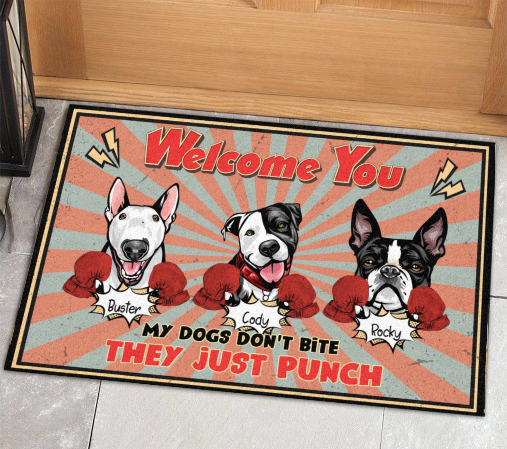 Personalized Doormat for Pet lovers - My Pets don't bite, they just punch - Choose up to 3 Pets/Dogs/Cats - Fur;idays