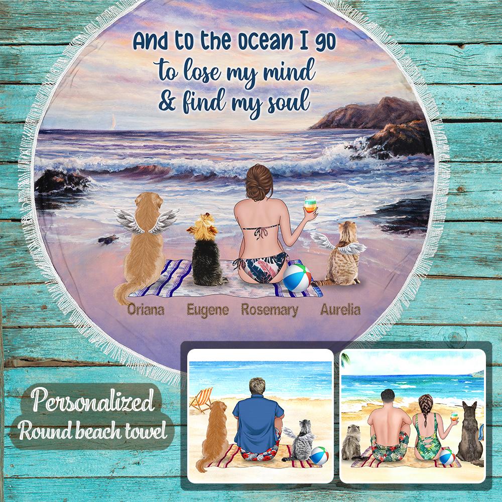 Personalized Round Beach Towel for Pet Lovers - Man/Woman with Pets on the beach - Choose up to 3 Pets/Dogs/Cats/Rabbits