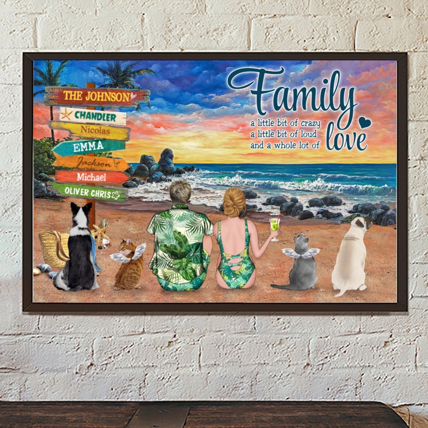 Personalized Canvas Prints for Family/Pet Lovers - Best Gift Personalized With Dogs/Cats breed & Names - Two Persons with Pets on the Beach