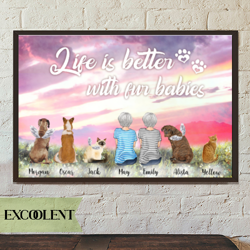 Personalized Canvas/Poster Prints For Friends/Pet Lovers - Best Gift Personalized With Dogs/Cats Breed & Names - Two Moms with Dogs/Cats - Life is better with fur babies - (Up To 5 Pets/Dogs/Cats)