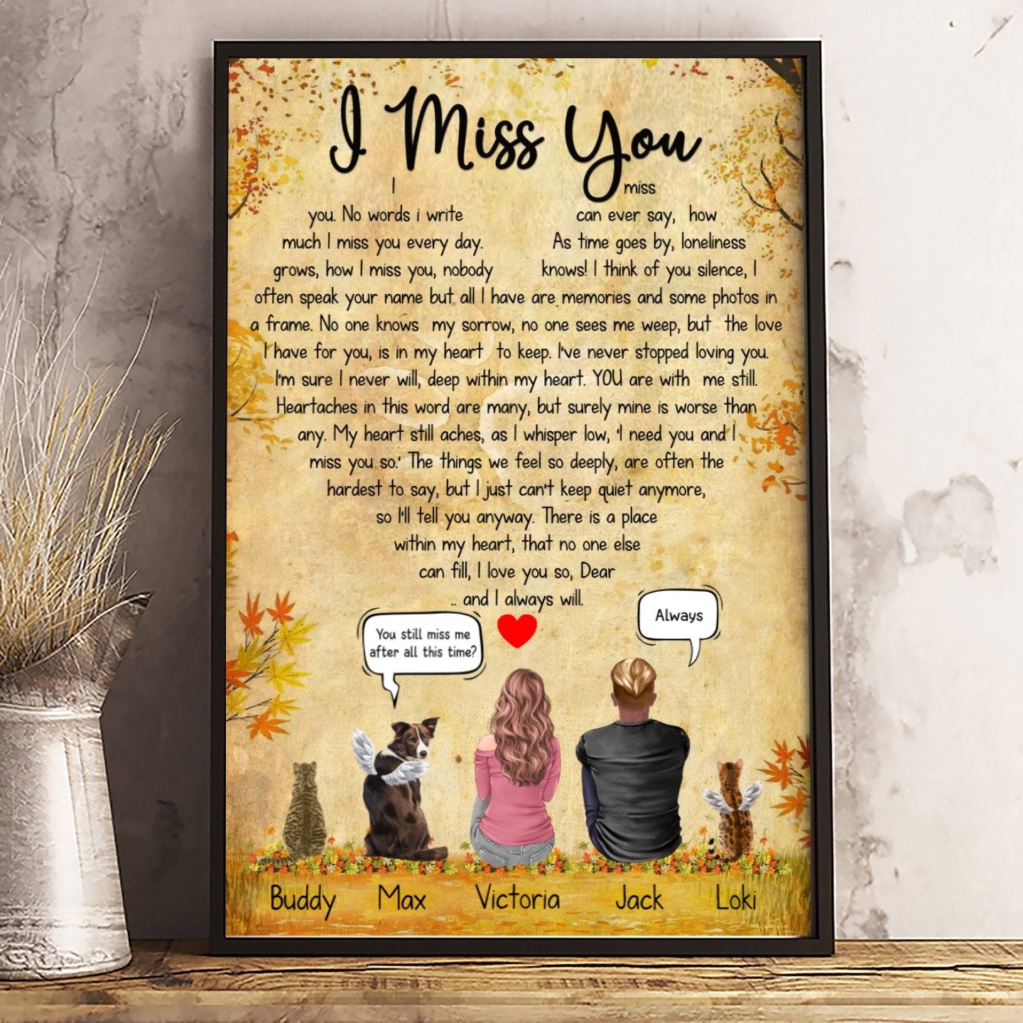 Custom Canvas Prints for Friends/Pet Lovers - Amazing Gift Personalized With Dogs/Cats breed & Names - Pets with Dad & Mom - I miss you