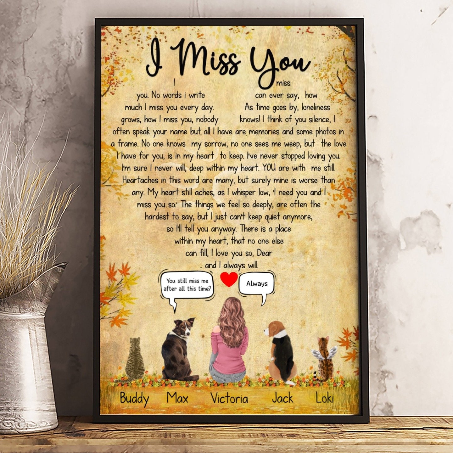 Custom Canvas Prints for Friends/Pet Lovers - Amazing Gift Personalized With Dogs/Cats breed & Names - I miss you - Conversation Pets with Dad or Mom